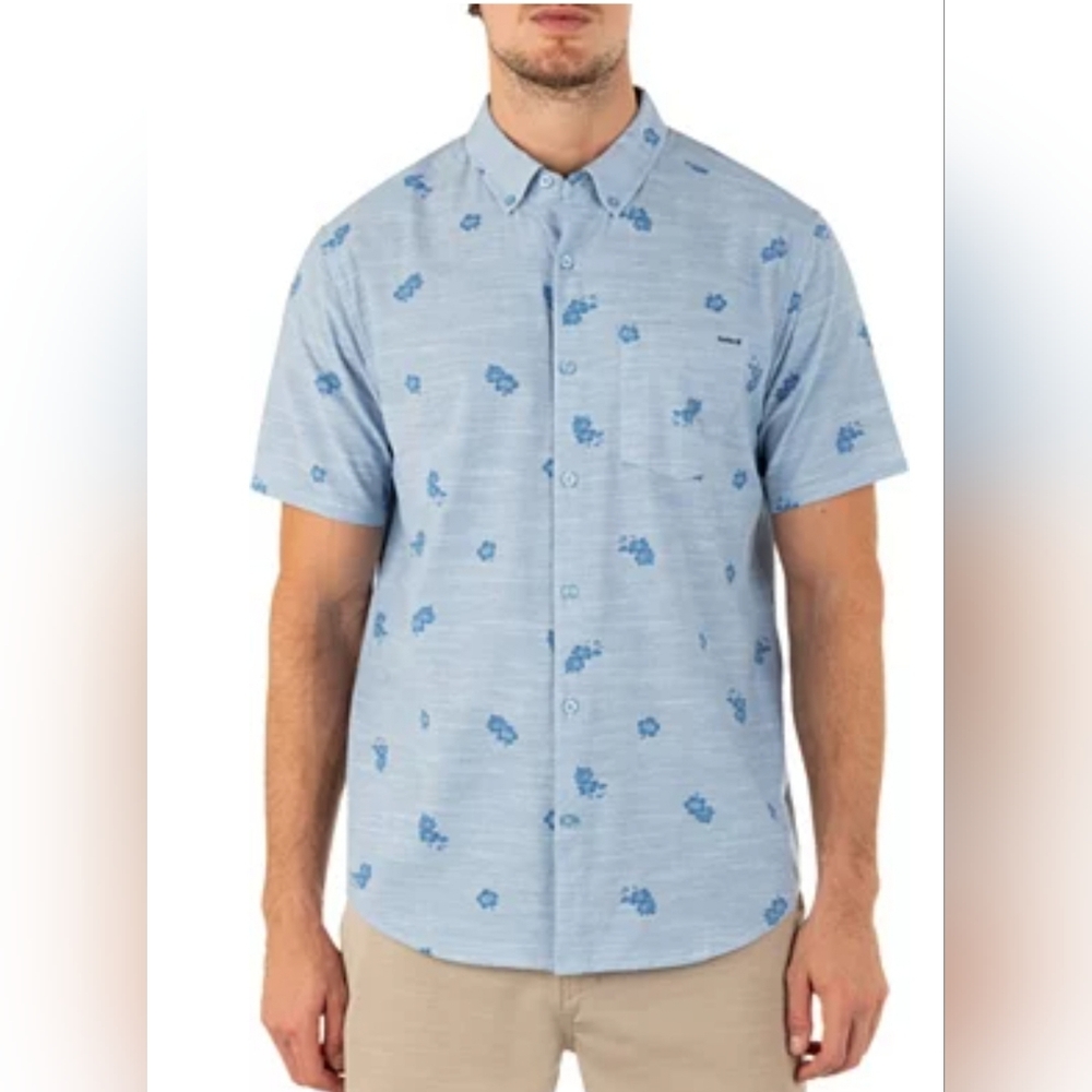 Hurley Men's One and Only Stretch Print Short Sleeve Shirt: BLUE: NWT: SIZE S